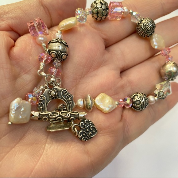 Tres Jolie Pale Pink Crystal Pearl Sterling Silver Bali Beads Toggle Bracelet - Picture 6 of 12